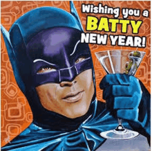 a painting of batman holding a martini glass and wishing you a batty new year .