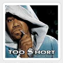 a sticker of a man with a hood and the words too short blow the whistle