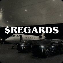 a sign that says $ regards with an airplane and cars in the background