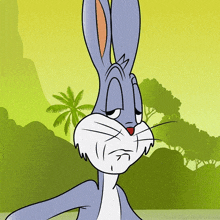 bugs bunny has a sad look on his face and a green background