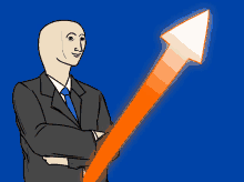 a cartoon of a man in a suit and tie holding an orange arrow pointing up