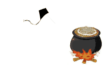 a black cauldron filled with food and a kite flying next to it