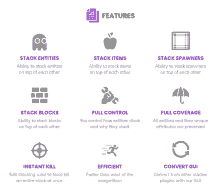 a list of features includes stack entities stack items stack blocks full control full coverage instant kill and convert gui