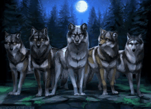 a group of wolves standing in front of a full moon in a forest