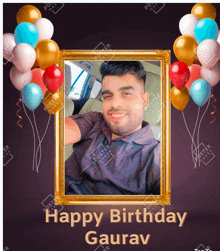 a picture of a man in a car with balloons and the words happy birthday gaurav on the bottom