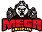 the logo for mega roleplay has a panda bear holding guns .