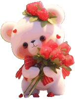 a teddy bear with strawberries on its head is holding a bunch of red roses