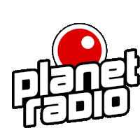 a logo for planet radio with a red ball in the middle