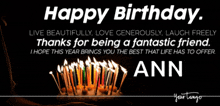 a birthday card with candles and the name ann