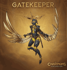 a poster for champions ascension shows a gatekeeper with gold wings