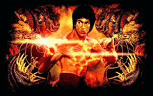 a painting of bruce lee surrounded by fire and dragons