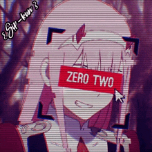 a picture of a girl with a red sticker on her face that says `` zero two '' .