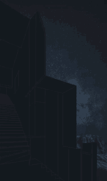 a drawing of a building with stairs against a starry sky