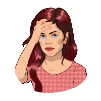 a drawing of a woman with red hair holding her hand to her forehead