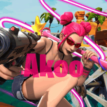 a woman with pink hair is holding a gun and the word also is visible