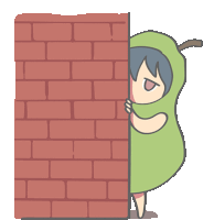 a person in a pear costume is peeking out from behind a brick wall