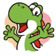 a cartoon illustration of a green dinosaur with its mouth open .