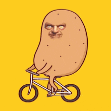 a potato with a man 's face on it is riding a bike on a yellow background .