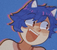 a close up of a cartoon character with blue hair and cat ears .