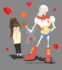 a cartoon of a skeleton giving a flower to a little girl