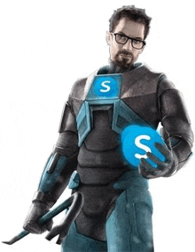 a man in a black and blue suit is holding a vacuum cleaner and a skype logo .