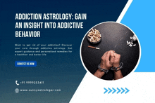 an advertisement for addiction astrology with a picture of a man chained to a table