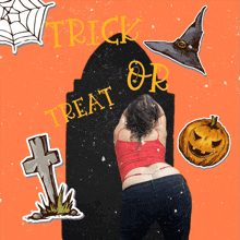 a woman is standing in front of a door that says trick or treat on it