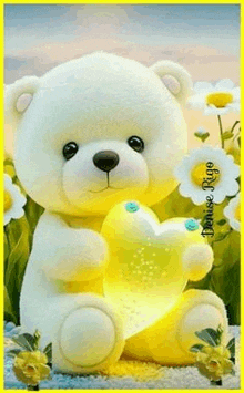 a white teddy bear is holding a yellow heart in a field of flowers .