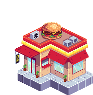 a pixel art drawing of a fast food restaurant with a hamburger on top