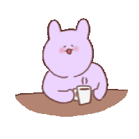 a purple bear is sitting at a table with a cup of coffee .