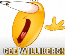 a cartoon smiley face with the words gee willikers written below it