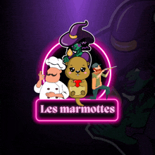 a logo for les marmottes with a chef a witch and a man