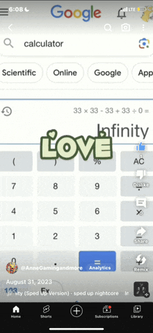 a phone screen shows a calculator with the word love on it