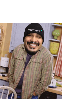 a man wearing a beanie that says multivers