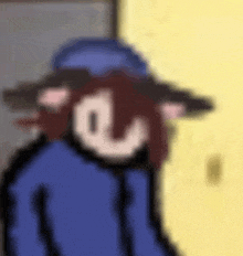 a pixel art of a person wearing a blue hat and a blue jacket .