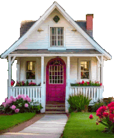 a white house with a pink door and flowers in front of it