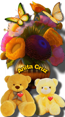 two teddy bears sit next to a vase of flowers with the name anita cruz written on it