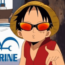 monkey d luffy from one piece is wearing sunglasses and a hat