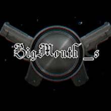 a big mouth logo with two guns on a dark background