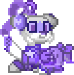 a pixel art drawing of a panda wearing headphones and a purple dress .