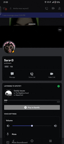 a screenshot of sara 's spotify app shows a new message from anita max wysell