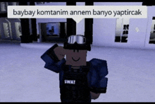 a roblox character wearing a swat vest and goggles is saluting .