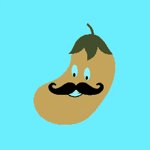 a cartoon illustration of an eggplant with a green leaf and a mustache