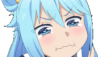 a close up of a girl with blue hair crying