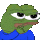 a pixel art of a green frog wearing a blue shirt and glasses .