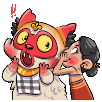 a cartoon of a woman covering her face with her hand and a cat with a red mask