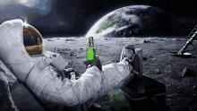 an astronaut is laying on the moon holding a beer