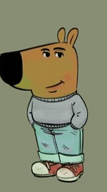 a cartoon bear wearing a sweater and jeans is standing with his hands on his hips .