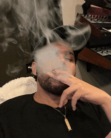 a man is smoking a cigarette with smoke coming out of his mouth