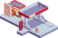 an isometric drawing of a gas station with a red sign that says gas